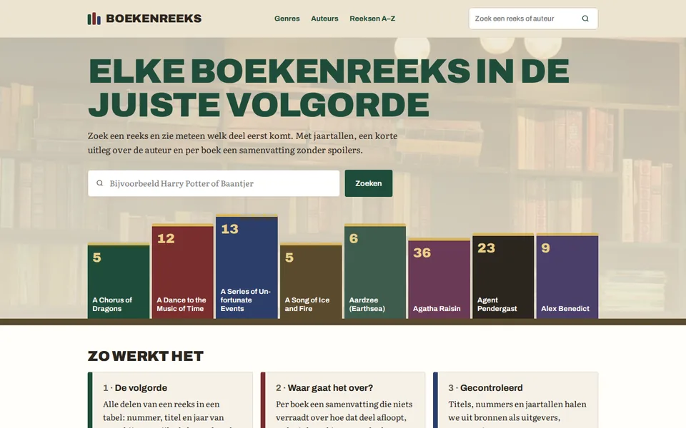 Screenshot of the boekenreeks.nl homepage