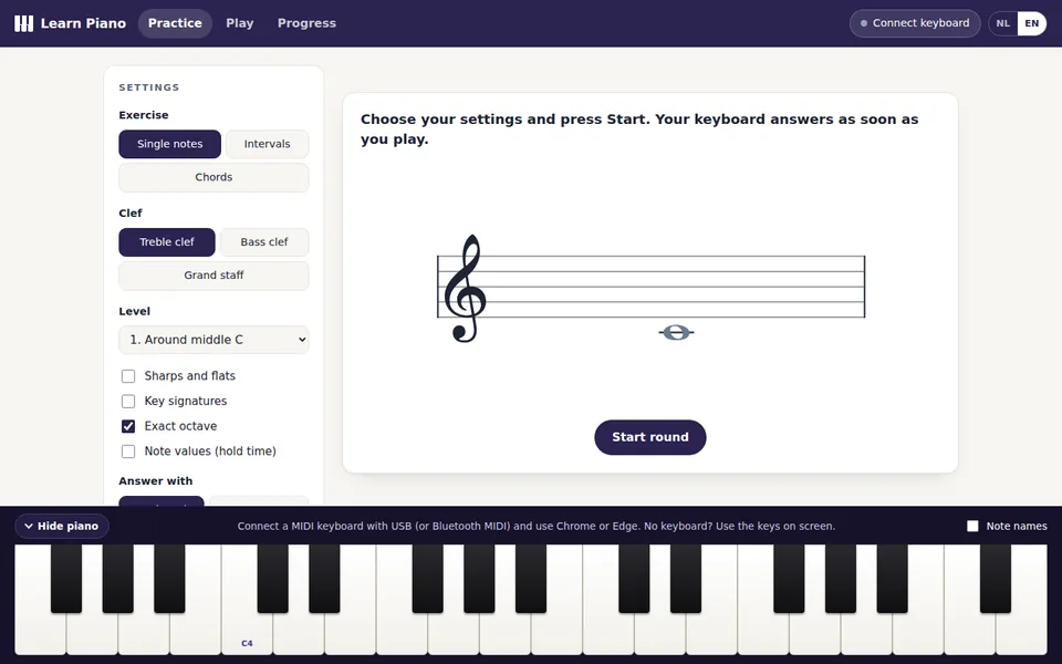 Screenshot of the pianonotenleren.nl homepage
